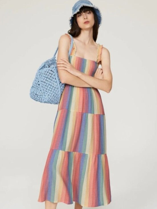 marine layer smocked tiered maxi dress Marine Layer Women's Carmen Smocked Dress Sardina Print / LARG